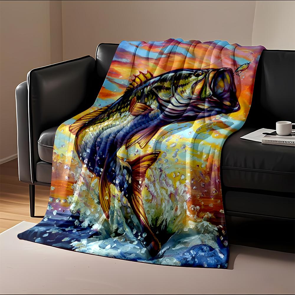 Colorful Jumping Bass Fish Art Blanket Flannel Blanket for Bedroom, Living Room, Sofa, and Nap Sofas.