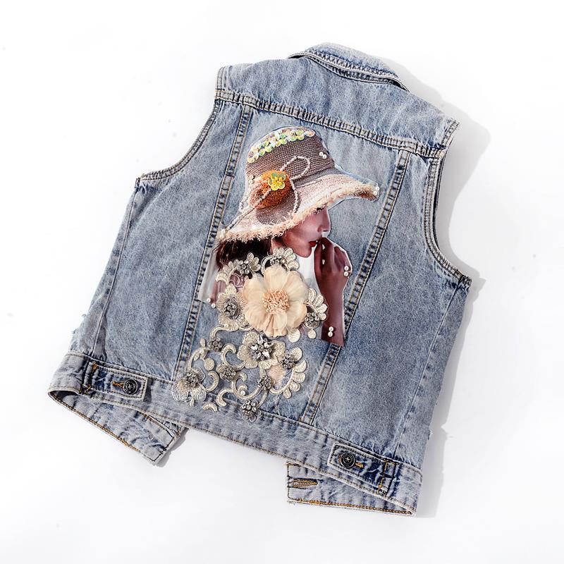 Vest Slim Short Jacket Embroidery Sleeveless Jeans Gilet Women Casual Waistcoat Cardigan Beading Denim