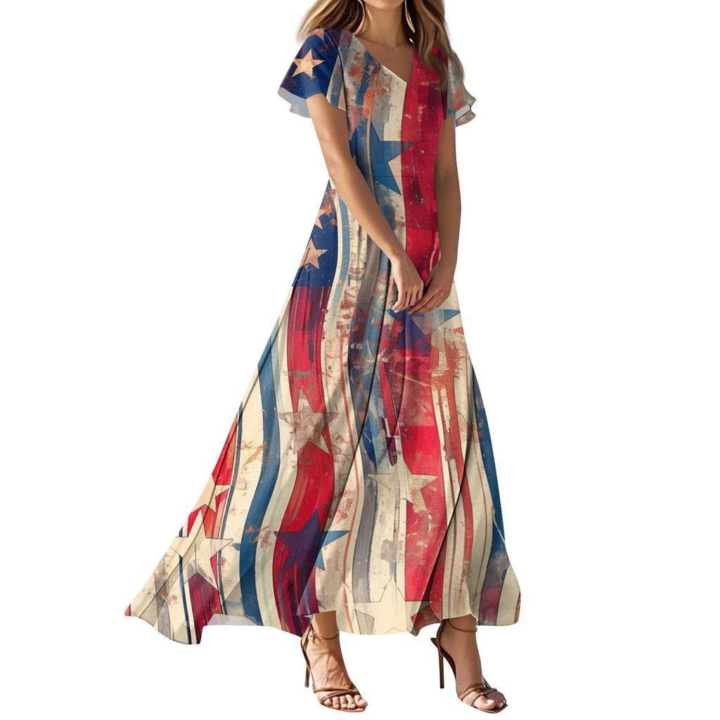 Women's Independence Day Flag Print Casual V-Neck Short Sleeve High Waist Dress