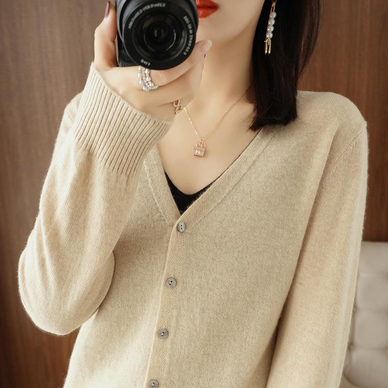 Women's Fashion Casual Fall Winter Solid Color Print Long Sleeve V Neck Women's Clothing Woolen Knitwear Sweaters
