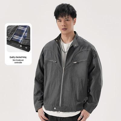 Men's Casual Harrington Jacket with Plaid Lining and Versatile Pockets
