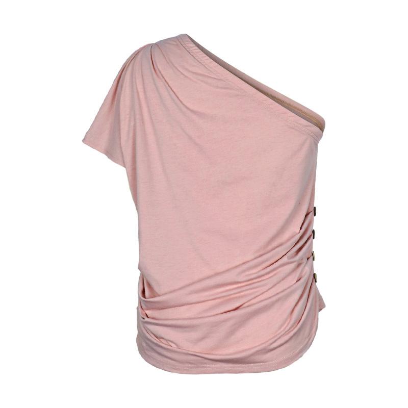 Women's Summer Simple Style Top with Personality Pink Single Shoulder T-shirt Top