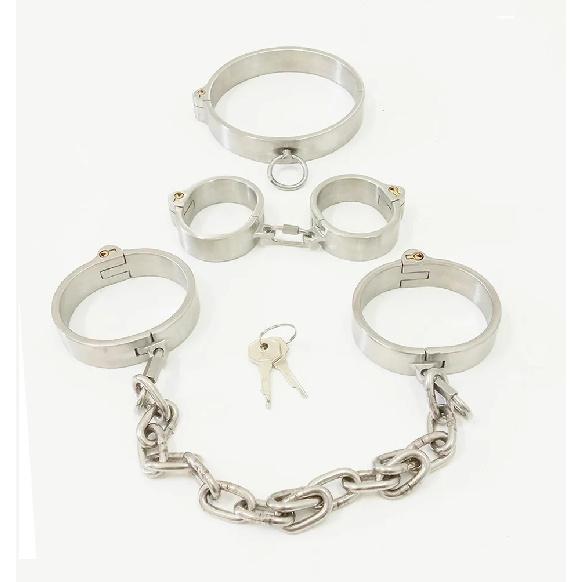 Stainless Steel Restraints BDSM Bondage Metal Neck Collar Hand Ankle Cuffs Set Chain Detachable Adult Games Sex Toys for Couples