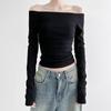 Black Solid Slash Neck Elegant Long Sleeve Tops Korean Fashion Slim Sexy Cropped T Shirt Women Fall Clothing