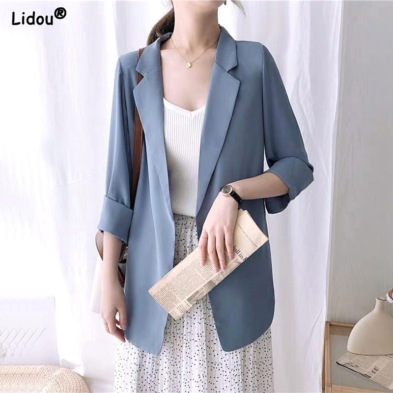 Notched Dignified Solid Intellectual Loose Spring Summer Office Lady Fashion Formal Casual Temperament Women's