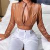 Jaqueta Cropped de Couro Tendência Europeia e Americana Feminina 2024, Outono, Manga Longa, Ajuste Slim, Com Zíper