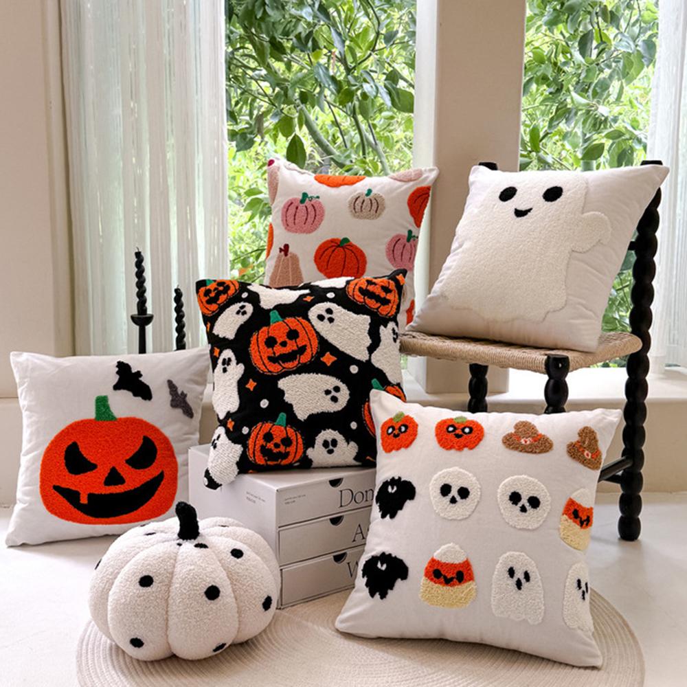 45x45cm Embroidered Halloween Pillowcase Cojines Orange Pumpkin Spider Web Throw Cushion Covers Headboard Pillowcases Decor Home