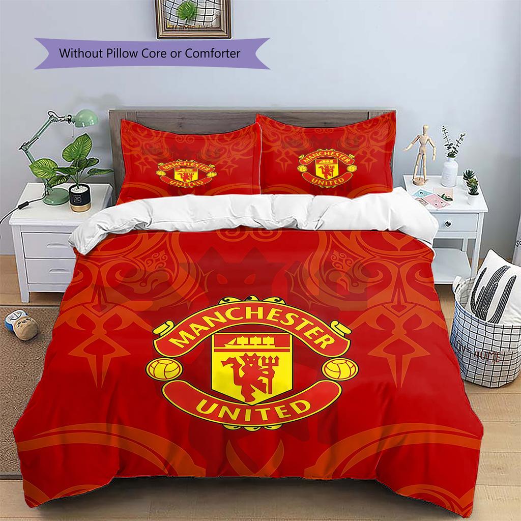 Manchester United F.C Pattern Bedding Quilt Set  Home Decoration  Gift (1 * Duvet Cover + 2 * Pillowcase  Without Core).xwn