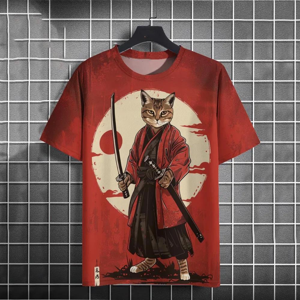 Men's T Shirt Japanese Samurai Cat Model Printed Topuri Casual Unisex Topuri Respirabil Confortabil Vară Nou Supradimensionat Îmbrăcăminte