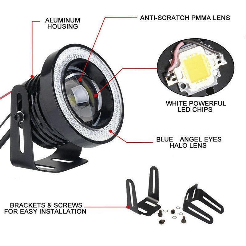 2.5 '' 15W Araba Beyaz COB LED Projektör Melek Gözler Mavi Halka DRL Sis Far Lambası