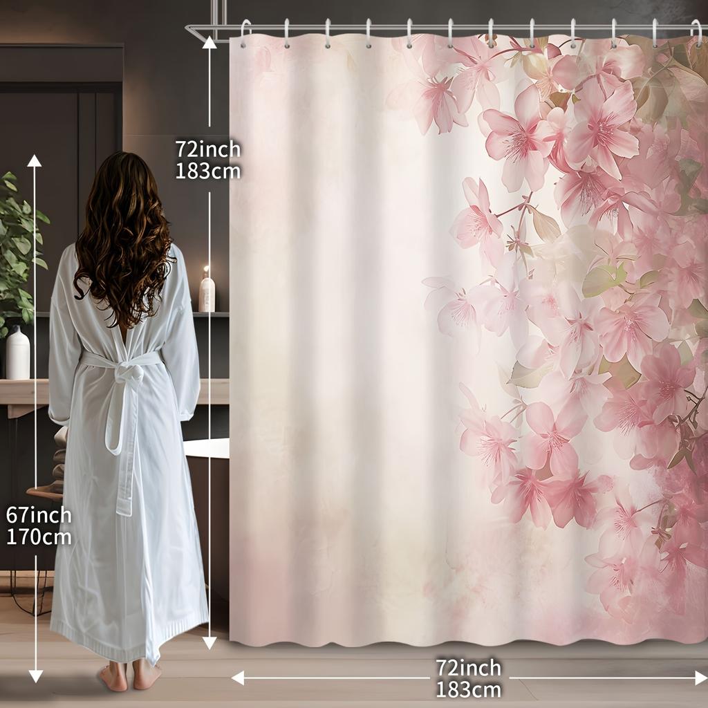 1Pc Shower Curtain - Elegant Pink Floral Design With Soft Gradient Background For A Serene Bathroom Experience Waterproof
