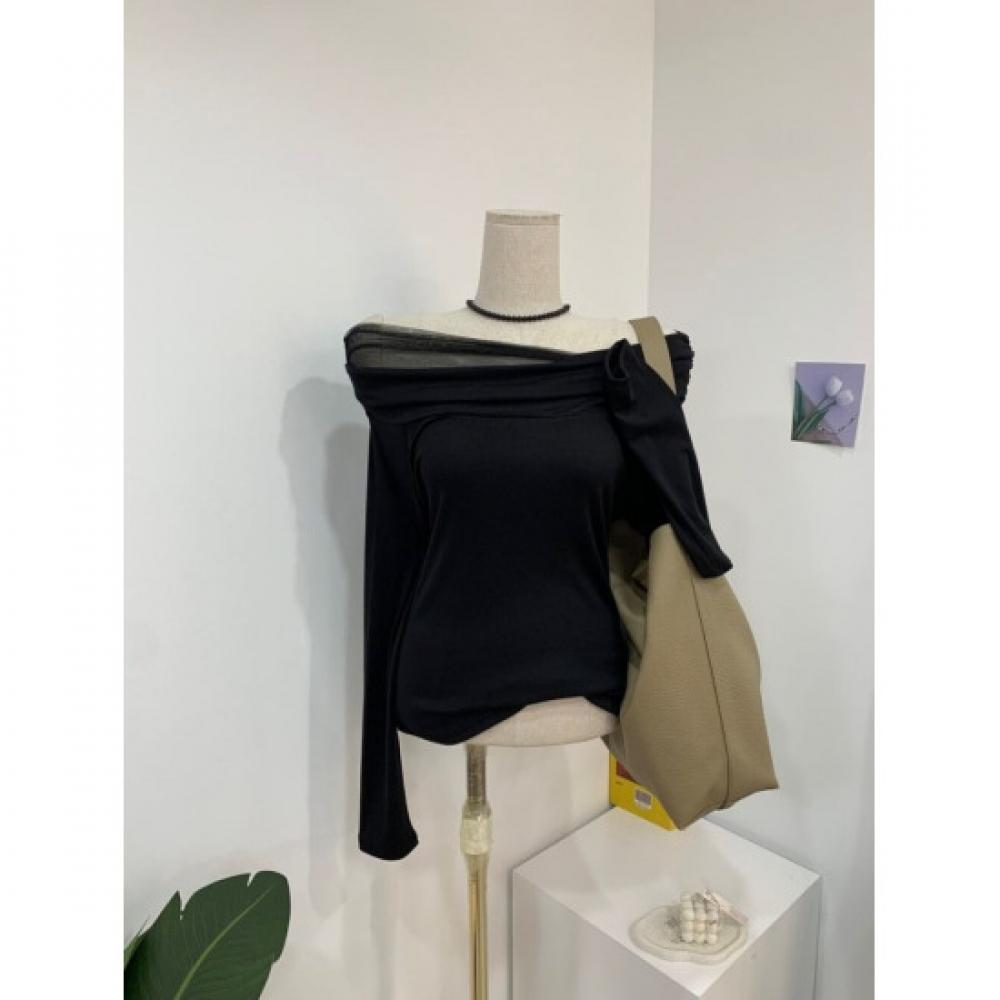 C S In The Room Kai Sheer Layered ShirrIng Off Shoulder Long Sleeve T ShirT 4Col
