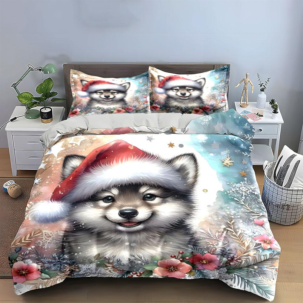 Cute Christmas Puppy with Flowers Bedding Duvet Cover Set Duvet Cover Pillowcases (1*Duvet Cover 2*Pillowcases, Without Duvet Insert)