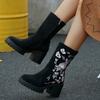 Fashion Autumn Women's High-heeled Ankle Boots Fashion Platform Chunky Heels Riding Boots Embroidered Flannel Booties Thick-soled Shoes
