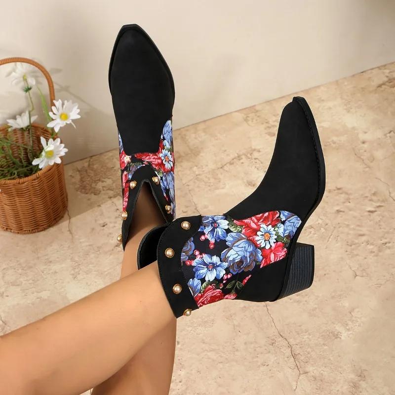 Fashion 2024 Hot Sale Women's Shoes Slip-on Women's Boots Fashion Printing Modern Boots Women Sexy Pointed Toe Rivet Mid-Calf Boots