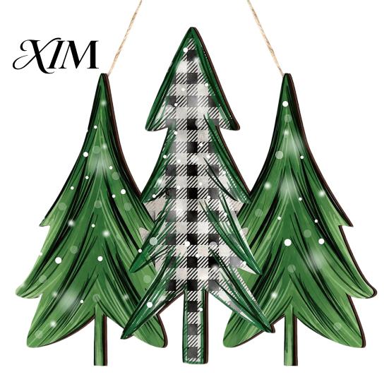Indoor Outdoor Xmas Decoration Christmas 2D Wooden Welcome Hanging Sign, Cartoon Santa Snowman Tree Party Wall Art Door Hanger with Rope, Porch Front