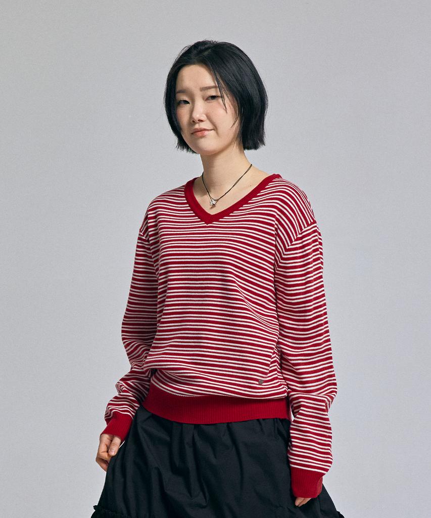 AWESOME STUDIO Classic (Stripe) V-Neck Knit Burgundy