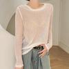 Summer Thin Long Sleeve T Shirts for Women Round Neck Loose Knitted T-Shirt Solid Color Casual Tee Tops