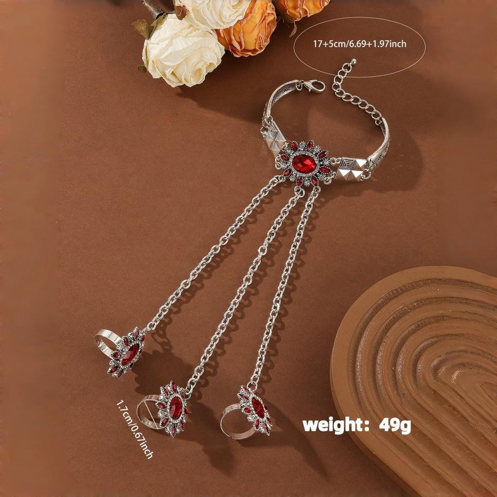 Bohemian Floral Alloy Water Drilled Ring Hand Chain For Women Gift Travel