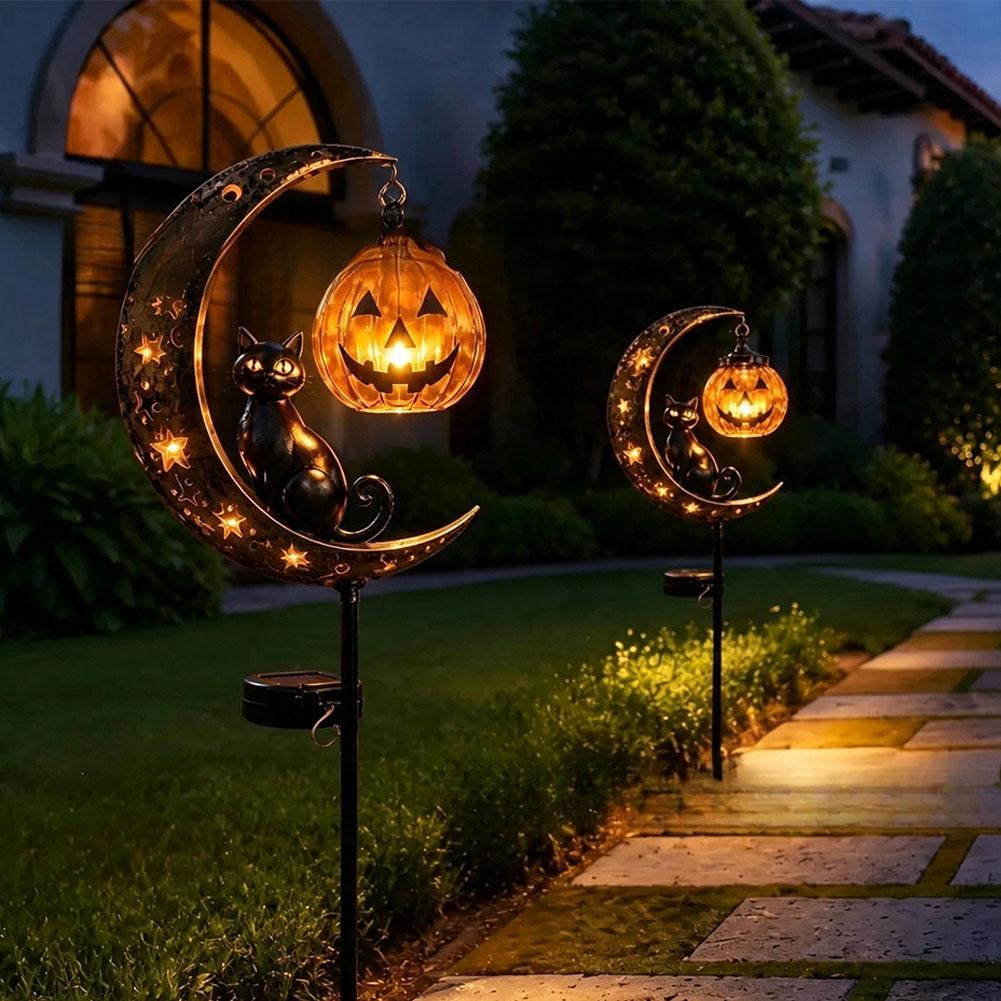 Garden Lamp Decoration Halloween Black Cat & Pumpkin Moon Garden Stake Light, Outdoor Waterproof Metal Pumpkin Stake Decor