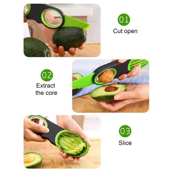 Avokado Kiwi Slicare med Kärnborttagare Rostfritt Stål Fruktkniv för Guacamole Sallad Ansträngningslös Kärnborttagning och Skivning Tål Diskmaskin Viktig Köksredskap