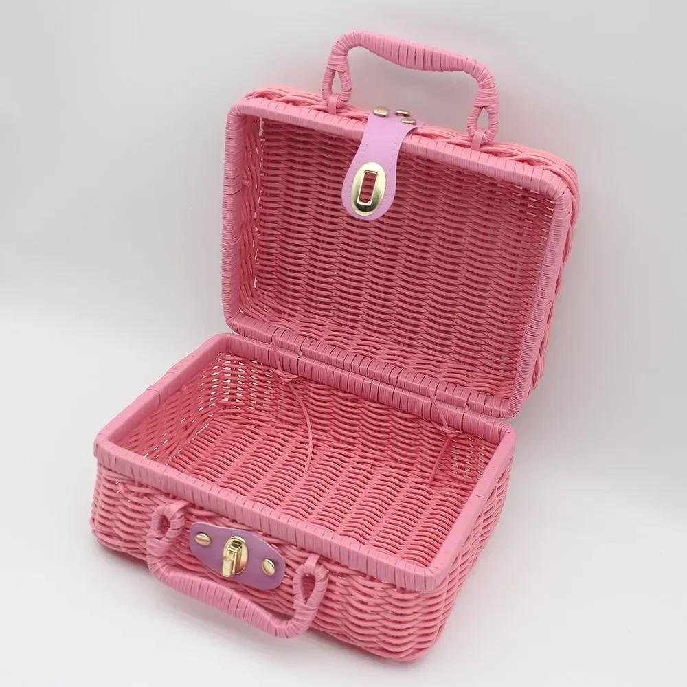Manual Woven Cosmetic Storage Box Retro Rattan Suitcase with Hand Gift Box Wicker Rattan Picnic Laundry Baskets Home Storage