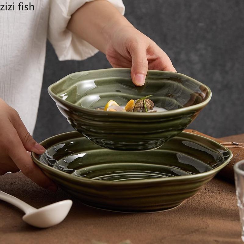 Irregular Thread Texture Salad Bowl Green Ceramic Thick Soup Bowl Breakfast Bowl Dessert Bowls Underglaze Colored Tableware