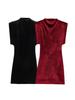 Golden Velvet Sleeveless Mini Dress with Shoulder Pads, Sexy Slim-Fit, High-Waisted Design.