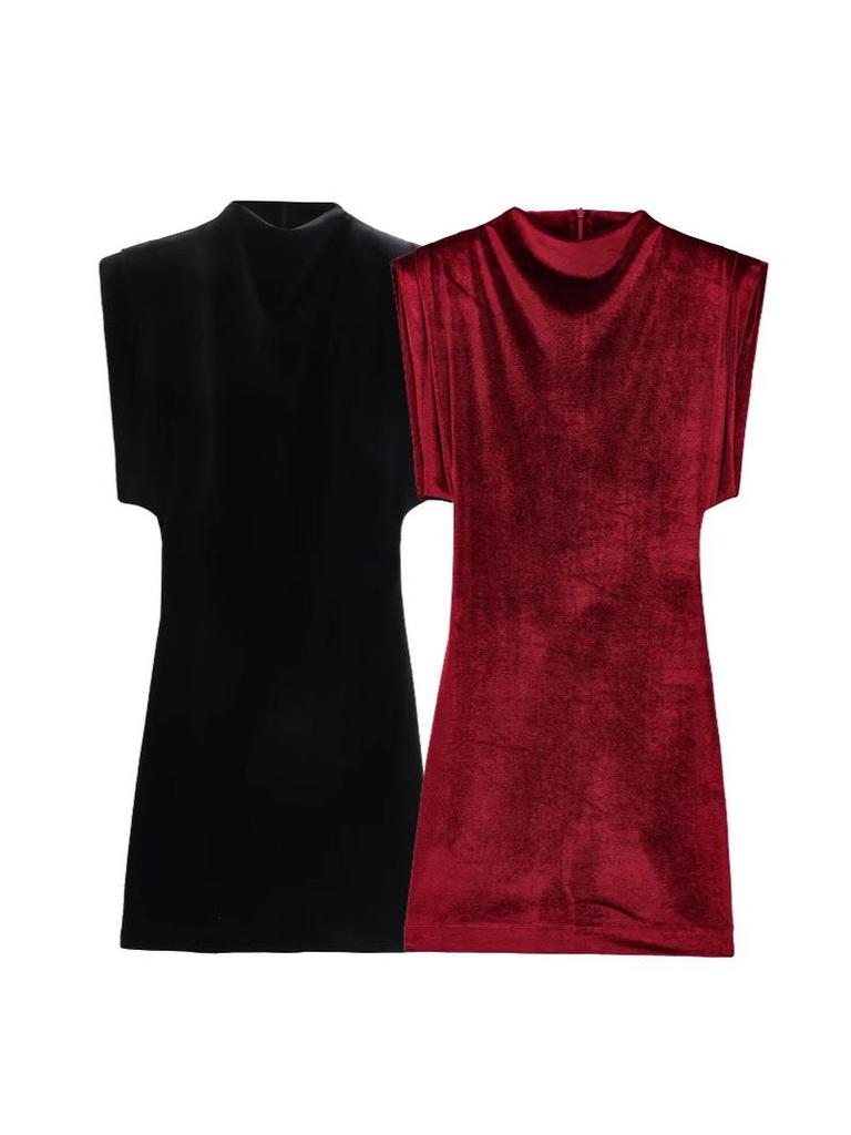 Golden Velvet Sleeveless Mini Dress with Shoulder Pads, Sexy Slim-Fit, High-Waisted Design.
