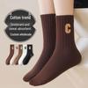Women's Mid-calf Sweat-wicking Cotton Socks with Trendy Embroidered C Letter - Autumn/Winter Collection