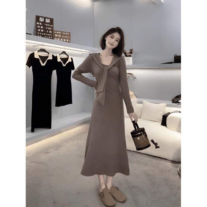 Pure Desire Gentle Temperament Splicing Lace-up Long-sleeved Knitted Dress Women's Early Autumn New Waist and Thin Long Dress Women's Clothing
