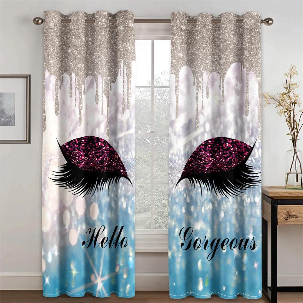Beautiful Blue Shine Eyes Eyelash Girl Window Curtains Blinds For Living Room Kids Bedroom Bathroom Kicthen Door Home Decor 2Pcs
