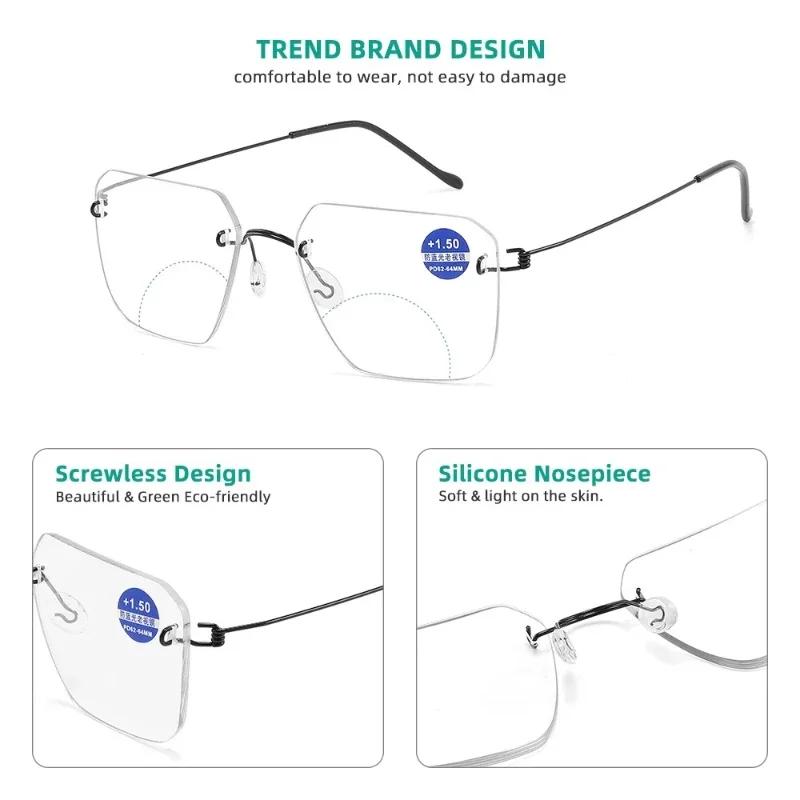 Retro Frameless Bifocal Men'S Presbyopia Glasses Ultra Light Neutral Middle-Aged And Elderly Anti Blue Light Glasses For People
