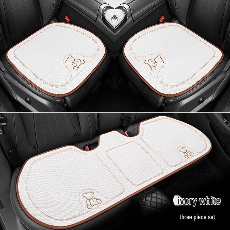 Cartoon Bear Jacquard Linen Car Seat Cushion - Breathable, Universal Fit