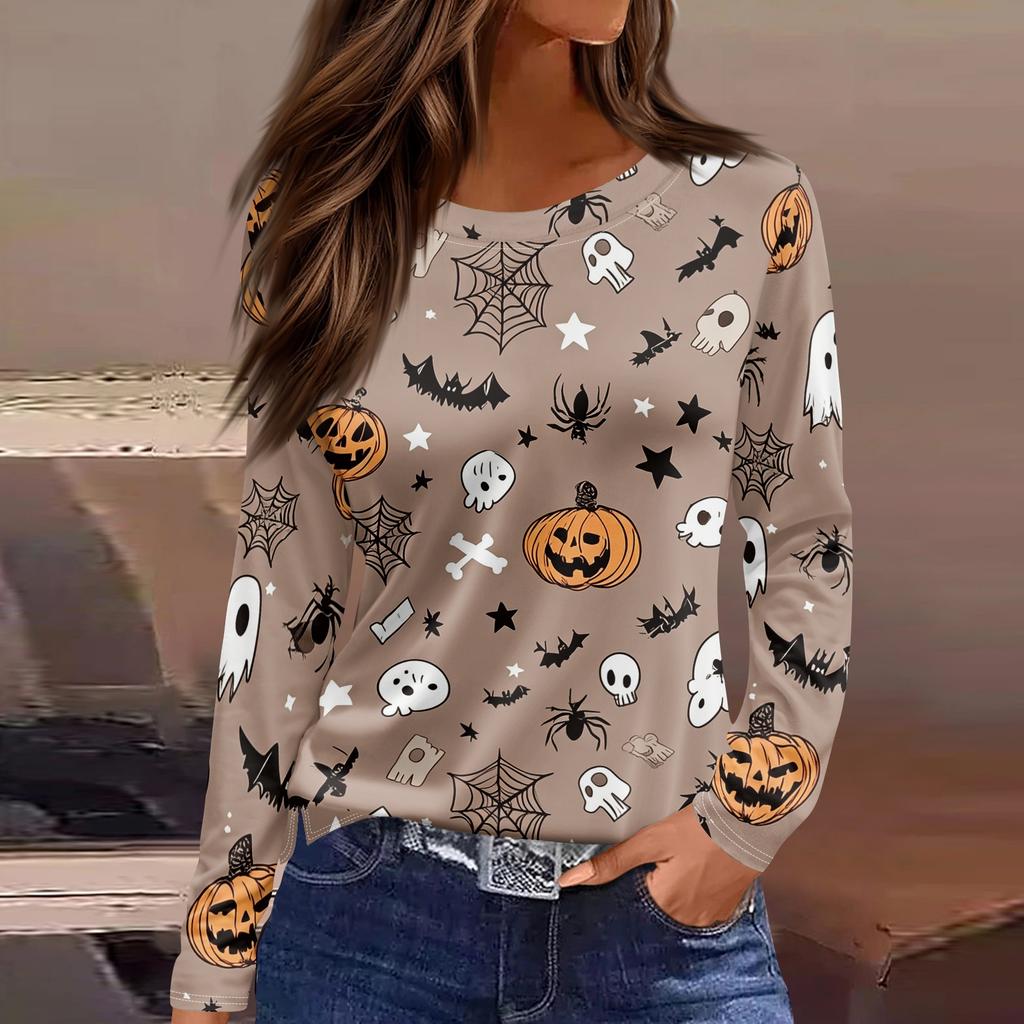 Women's Fashion Long Sleeve Neck Top with Hem Slit Halloween Print for Party