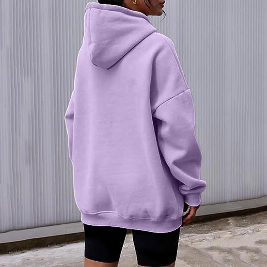 Women Fall Winter Hoodie Thick Hooded Long Sleeves with Big Pocket Plus Size Mid Length Solid Color Loose Elastic Cuffs Drawstring Sport Top
