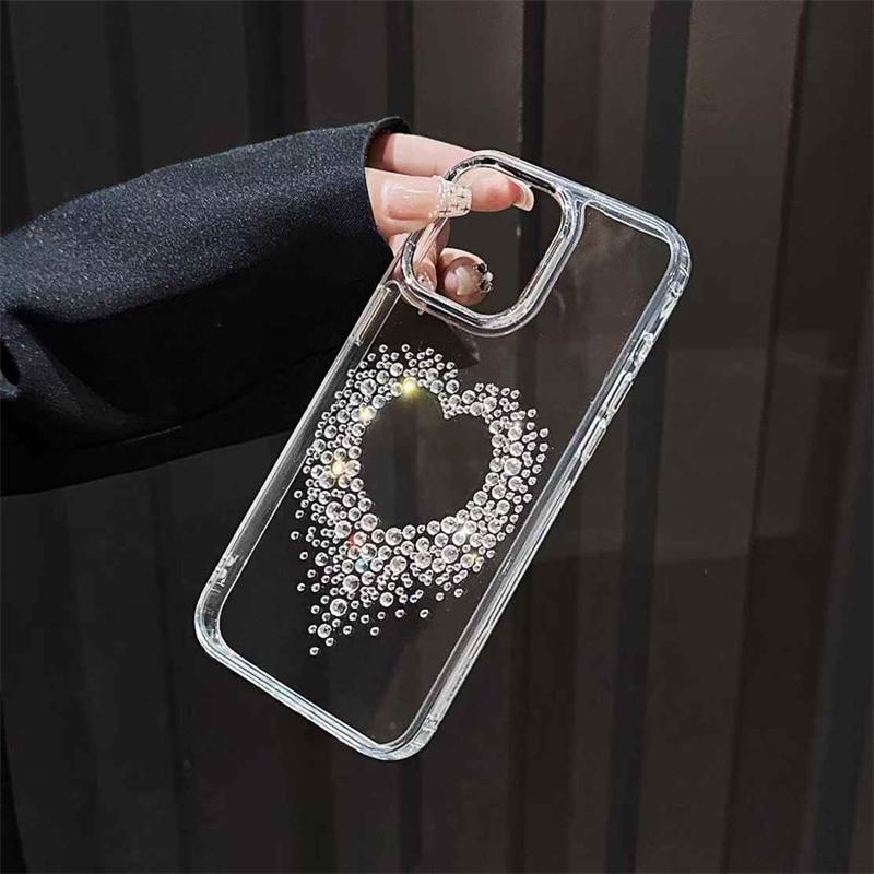 Capa de luxo com glitter e diamantes em formato de coração para iPhone 16, 15, 14, 13, 12 Pro Max, transparente e à prova de choque