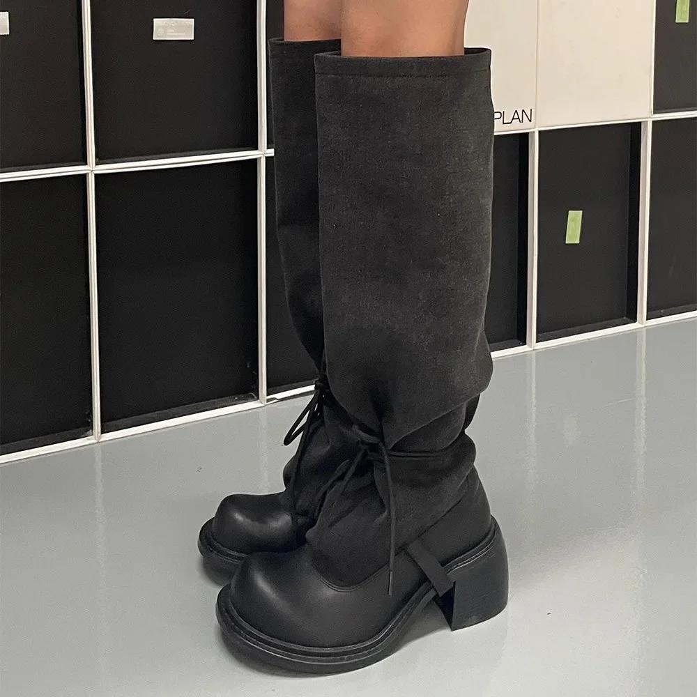 Damen Cowboy High Boots High Heels Designer Chunky Schuhe Frau 2025 Trend Winterstiefel Gladiator Pumps Neu Mujer Schnee Lange Stiefel