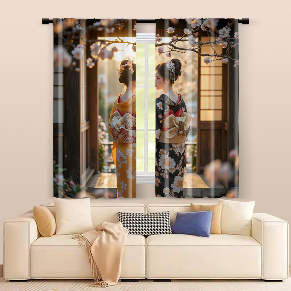 2 Pcs   Filtering Curtains (excluding Rods   Non-movable   Without Batteries) Kimono Girls for Use In Bedrooms and Living Rooms