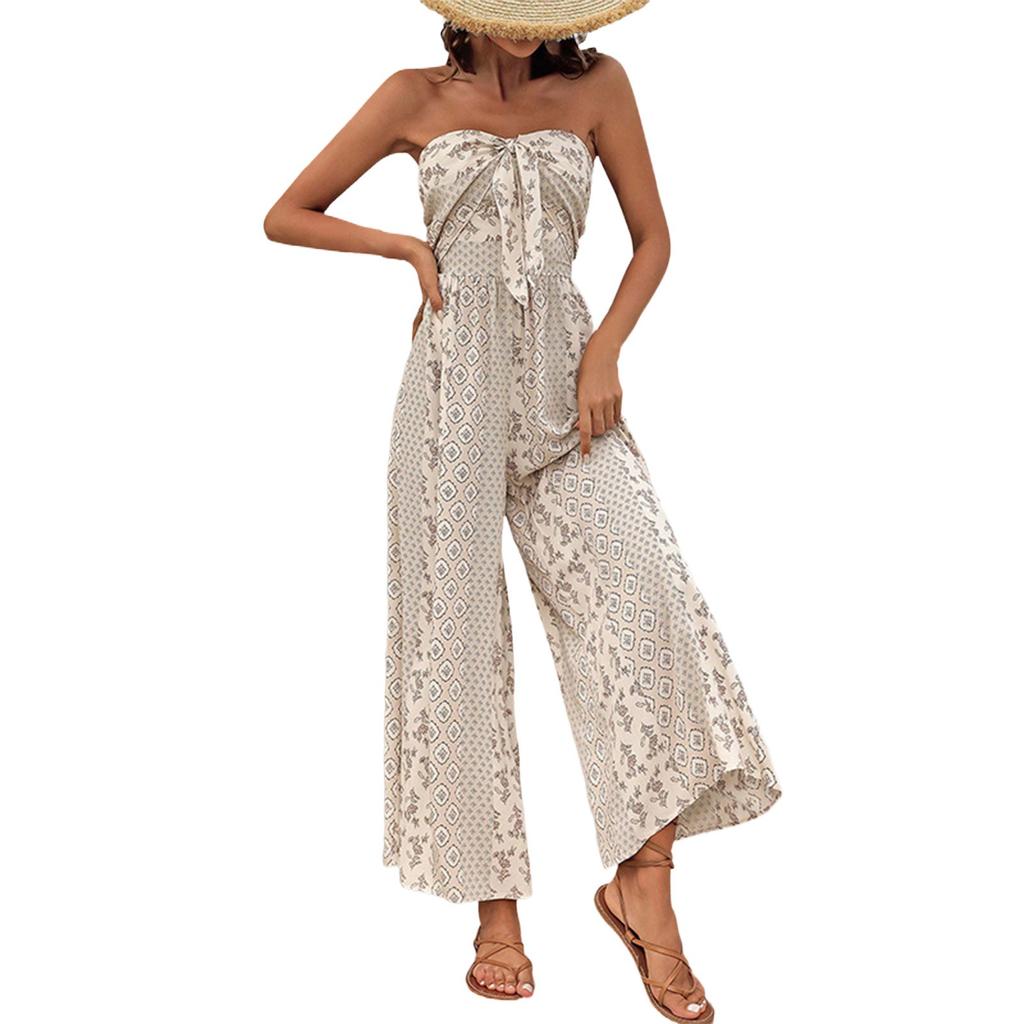 Dam Casual Lös Bunden Jumpsuit Med Tryckt Ärmlös Axelbandslös Jumpsuit Och Vida Byxor