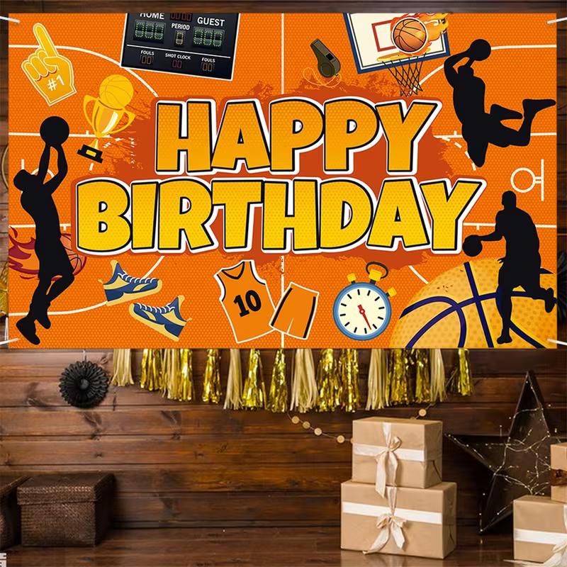 2D Basketball Court Birthday Backdrop, Kids Boys Sports Theme Party Photo Booth Banner