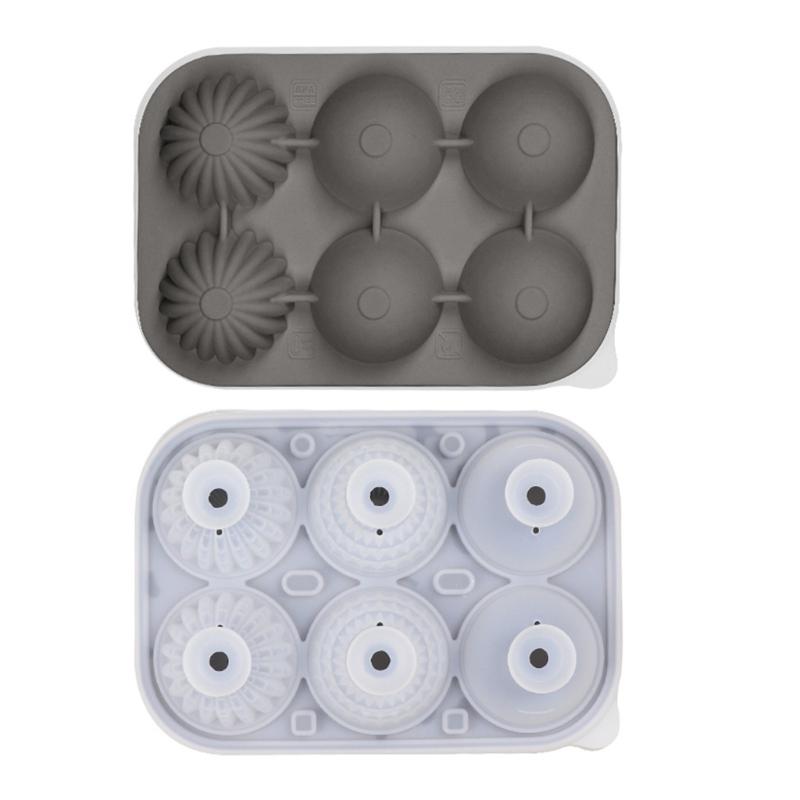 Efficient Safe Silicone Ice Cubes Tray 6 Large Round Cavities Leak Proof Lid Funnel For Cocktails Whiskeys Juice