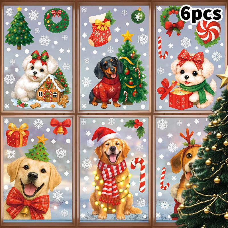 Christmas Wreath Puppy Glass Stickers Static Decorations Gift Box Shopping Mall Window Decoration Holiday Theme
