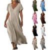 Women V Neck Short Sleeve Linen Texture Loose Fit Maxi Dress Multiple Colors