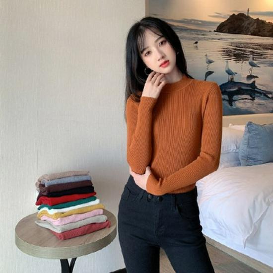 Women's 2022 Solid Color Semi-High Neck Long Sleeve Knitted Sweater