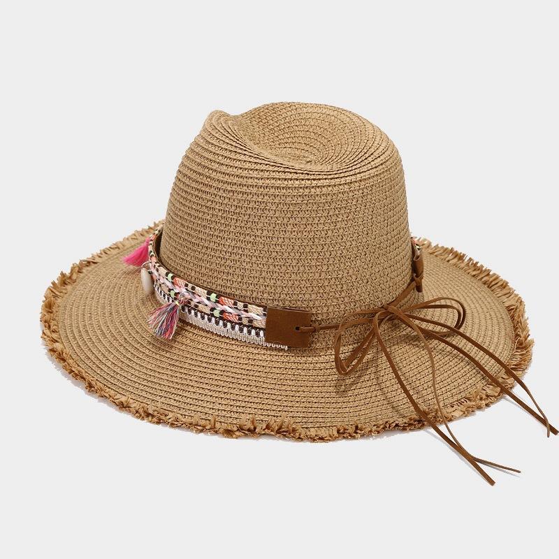 Cappello di Paglia da Cowboy per le Feste Estive da Viaggio Protezione Solare Cappello da Sole Nuovo Stile Etnico Cappello Jazz con Ampia Tesa Cappello da Spiaggia