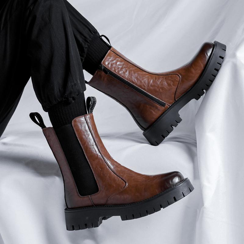 British Style Mens Leisure High Chimney Boots Original Leather Platform Shoes Cowboy Chelsea Boot Cool Long Motorcycle Botas Man