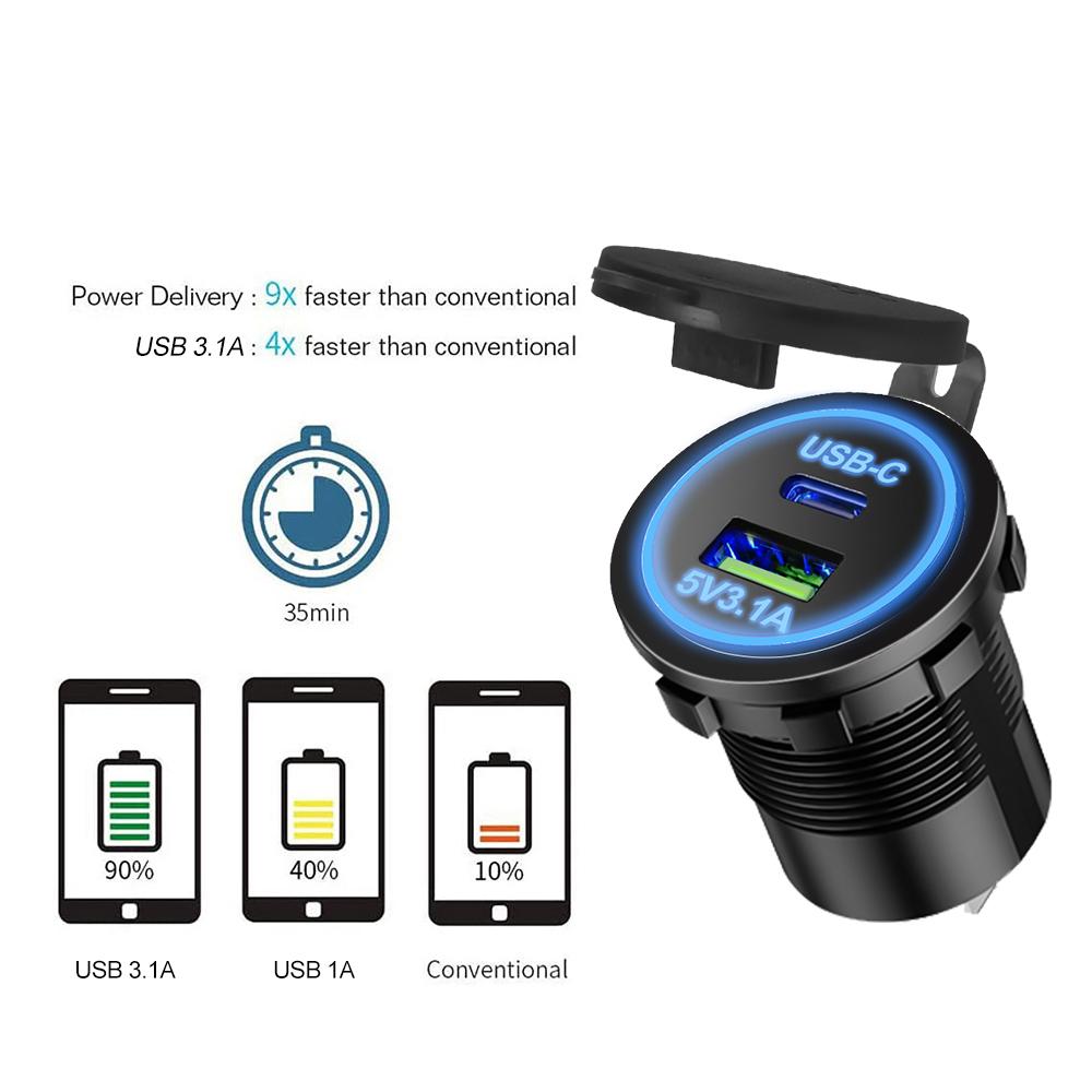 Waterproof Car USB Charger Socket, QC3.0 Quick Charge Marine Grade Charging Port with Type-C & USB-A, LED Panel for 12-24V Vehicle Boat