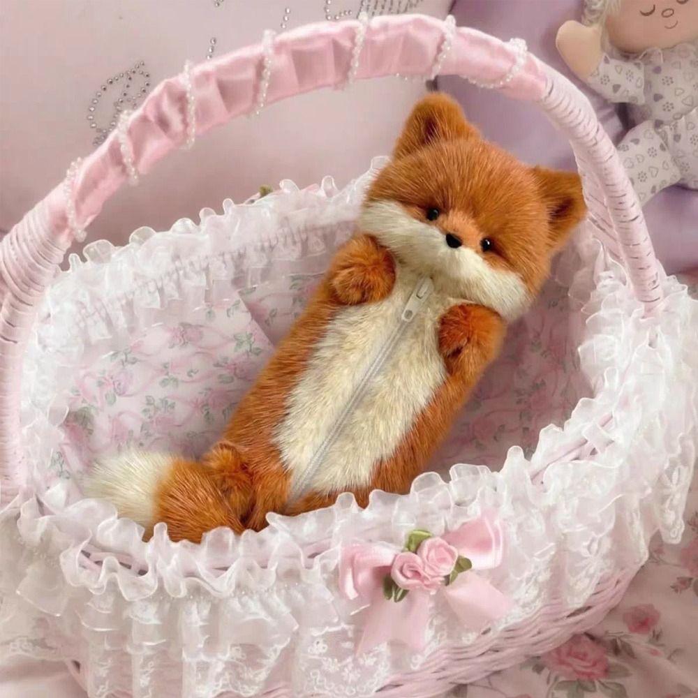 Zipper Closure Pen Bag Fox Shape Stationery Storage Bag Cartoon Stationery Pouch  Students