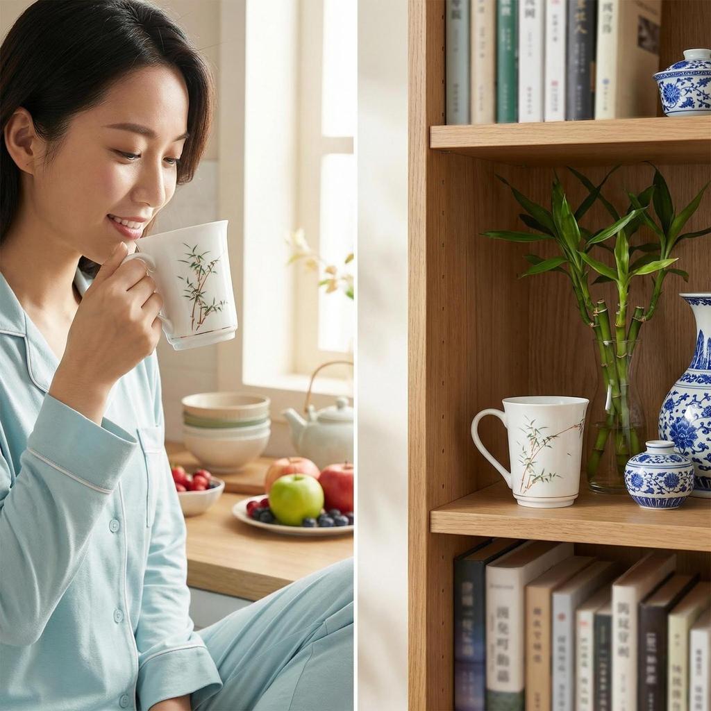 Handbemalte Bambus-Keramiktasse - Chinesische Teetasse für Zuhause & Büro